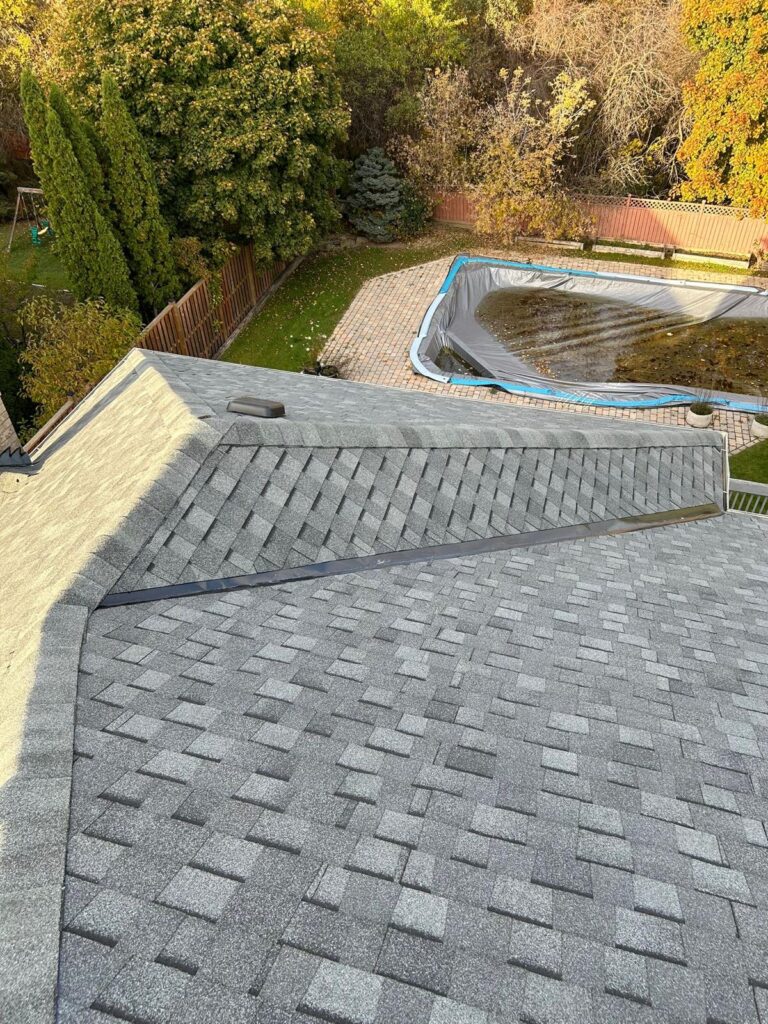 Finished roof valley above a backyard pool