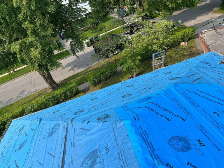 Blue synthetic underlayment covering the roof deck